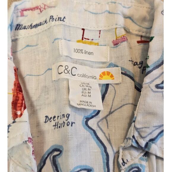 C&C California Map Print Button Up Blouse Sz M Shelter Island Linen Coastal Top - Picture 3 of 3
